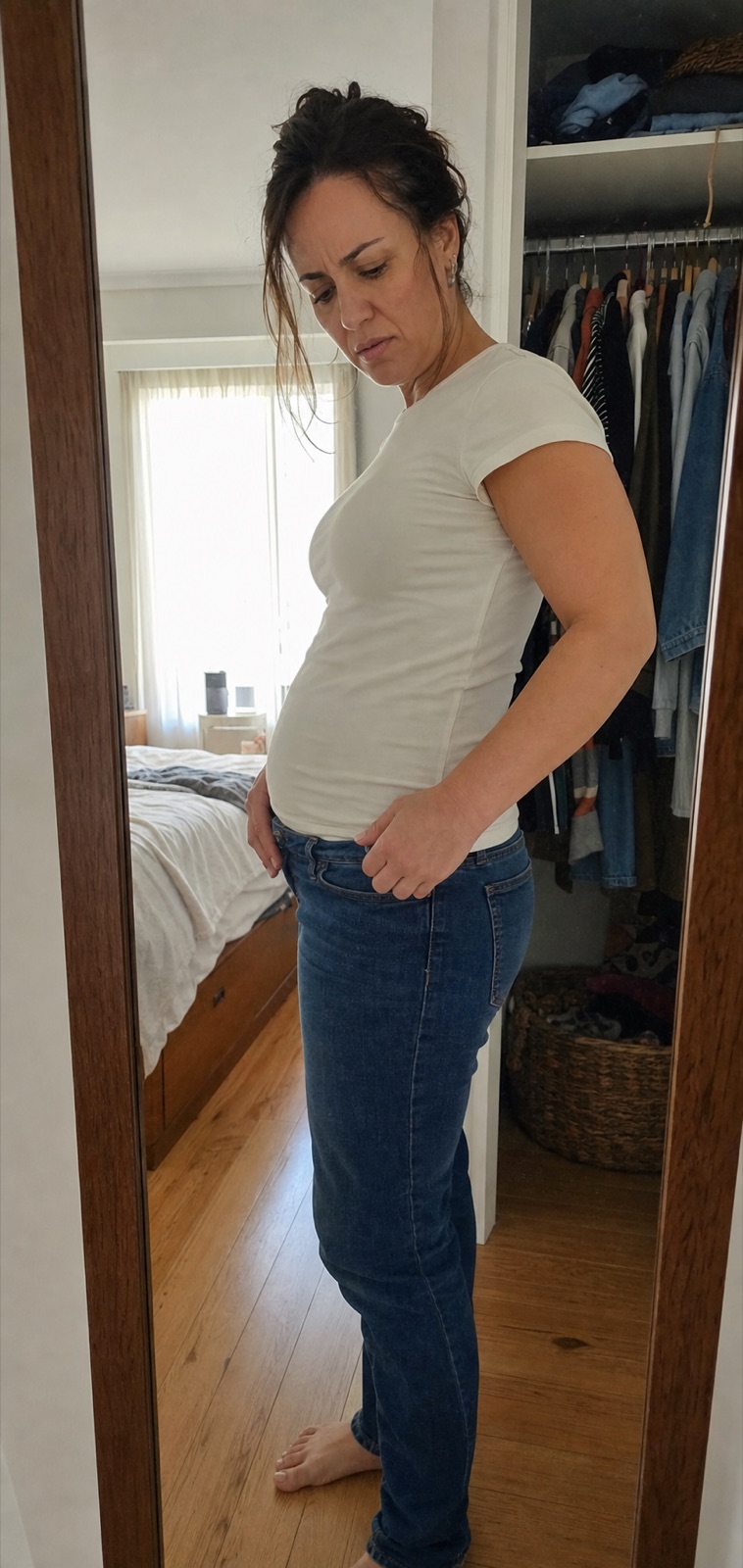 Mujer observando su barriga delante del espejo